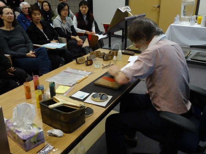 Preparing the woodblock for printing